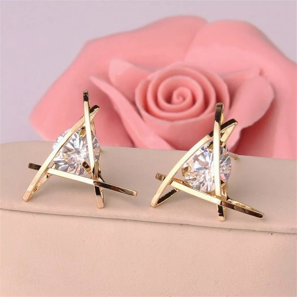 💎SOLITAIRE CAGED CZ STUD EARRINGS IN GOLD-STATEMENT POST OR STUD‎ - Picture 2 of 8